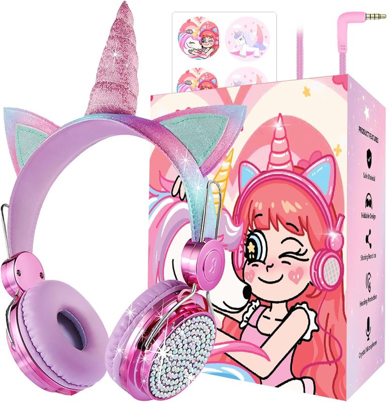 Photo 1 of Kids Unicorns Headphones with Mic for School/Travel,95dB Volume Limited,Shareport,On/Over Ear Wired Headsets with Nylon Cable-Hot Pink
