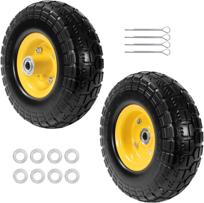 Photo 1 of 10" Solid Rubber Tires and Yellow Wheels 4.10/3.50-4 (10 x 3.5) Flat Free Tire with 5/8" Bearings,Heavy-Duty Replacement Tire For Gorilla Carts,Wagon,Wheelbarrow,Garden cart(2 Pack)
