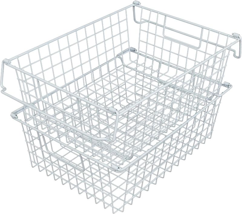 Photo 1 of Home-Complete 2 pcs 16"x12" Large Stackable Wire Baskets, Organizer Stacking Storage Bins for Shelf, Pantry, Kitchen, Cabinets, can also be used in Chest Freezers (White)
