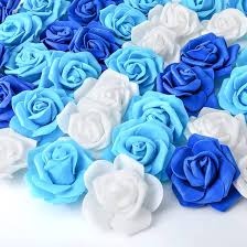 Photo 1 of 200 Pcs Artificial Rose Heads Bulk Real Looking Faux Roses Foam Rose Heads Mini Fake Rose for Bridal Shower Wedding Flower Arrangements Centerpiece Baby Shower DIY (Blue, White, 2.76 Inch) Blue, White, Gray 2.76 Inch