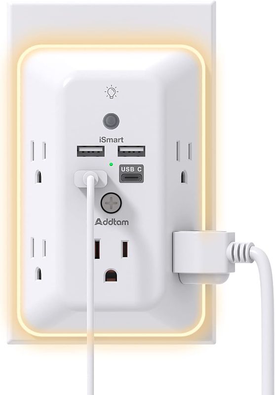 Photo 1 of Surge Protector, Outlet Extender with Night Light, Addtam 5-Outlet Splitter and 4 USB Ports(1 USB C), Multi Plug Wall Outlet for Home Office Dorm Room Essentials
