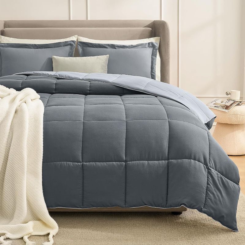 Photo 1 of Homelike Moment King Size Comforter Set Grey, Lightweight Reversible Comforter Sets King Size Bed, Soft Down Alternative King Bedding Sets All Season 3 Pcs Bed Set with 2 Shams Dark Grey/Light Gray
