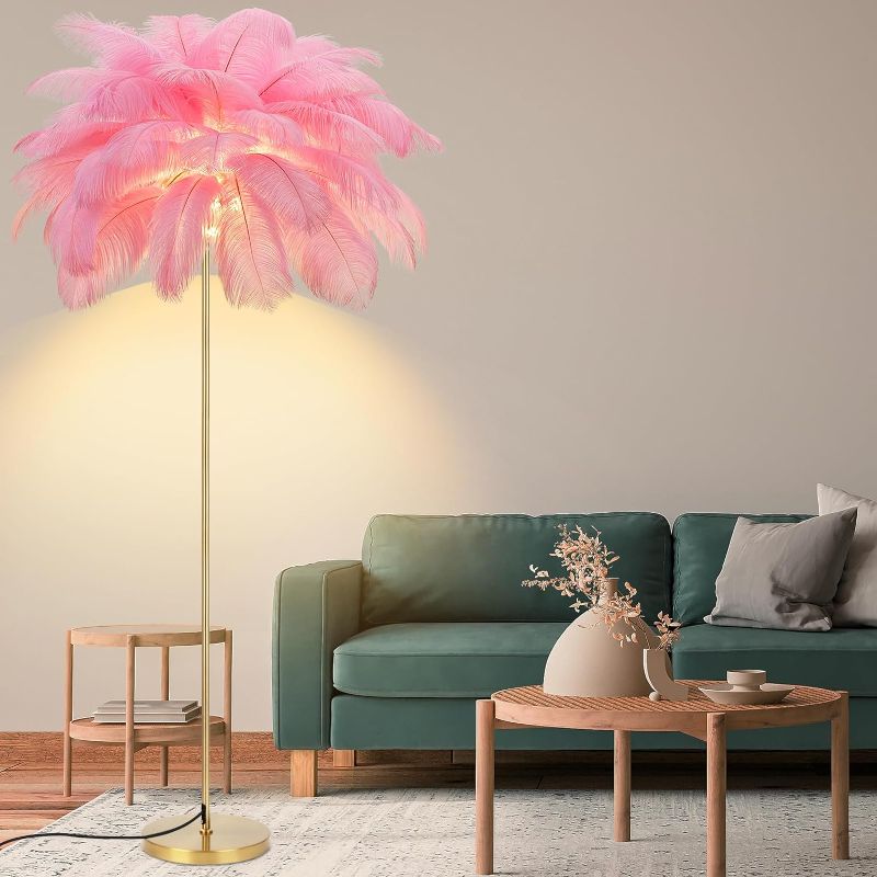 Photo 1 of 
Feather Lamp, Natural Ostrich Feather Floor Lamp for Living Room, 63in Height, 3 Color Temperatures Bright LED Bulbs, Modern Funky Tall Lamp Standing Light for Bedroom (Pink)