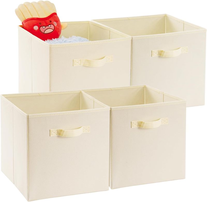 Photo 1 of 13 inch Storage Cubes Bins 4 Pack, Foldable Fabric Cube Storage Bins 13x13x13 inch with Handle, Collapsible Storage Bins for Cabinet and Shelf, Cubical Storage Boxes for Closet Storage, Beige