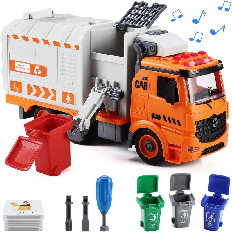 Photo 1 of Garbage Truck Toys, DIY Realistic Recycling Trash Truck Toy with Light and Sound, 4 Trash Cans, Gifts for 3 4 5 6 7 8 Year Old Boys Girls Toddlers
