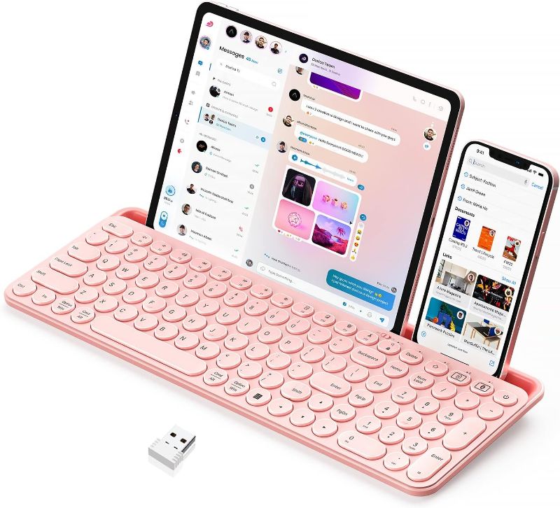 Photo 1 of seenda Cute Wireless Bluetooth Keyboard, Bluetooth + 2.4G Round Key Typewriter Keyboard with Number Pad, Phone Tablet Holder for iPad, Andriod Phone, MacBook/Windows Computer Desktop, Sakura Pink
