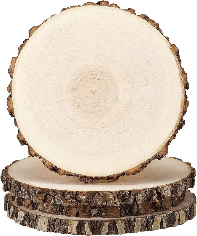 Photo 1 of 4 Pack 8-9 Inches Natural Round Wood Slices Unfinished Craft Wood Kit Circles Large Wood Slices for DIY Crafts, Weddings Centerpieces Decor, Wood Ornament Disc
