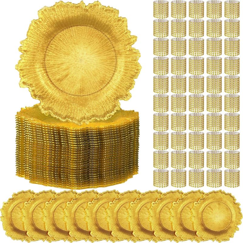 Photo 1 of 100 Pcs Gold Charger Plates Set Include 50 Pcs 13 Inch Plastic Charger Plate and 50 Pcs Napkin Rings Bulk Gold Chargers for Dinner Plates Elegant Floral Wedding Party Supplies for Table Setting