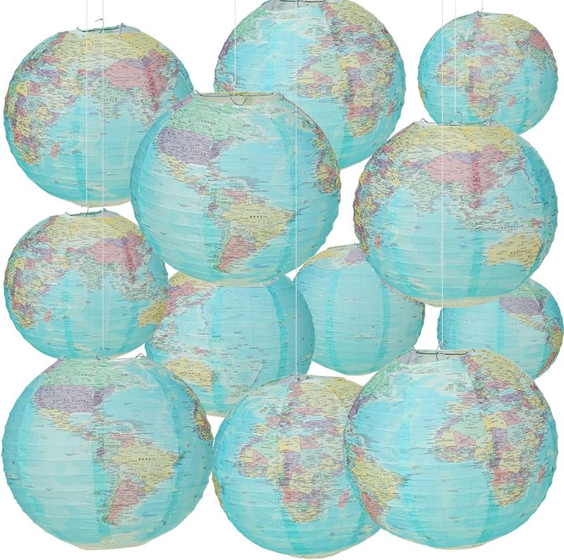 Photo 1 of 12 Pcs 10 Inch Around The World Decorations Globe Hanging Paper Lantern Travel Themed Party Decorations World Map Classroom Decorations Earth Day Decorations for Home Earth Theme Party Decor