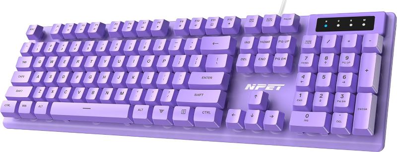 Photo 1 of NPET K10V1 Wired Computer Keyboard, Plug and Play, Full-Size with 12 Multimedia Keys, Spill-Resistant, USB Cable, Compatible with PC, Laptop (Purple