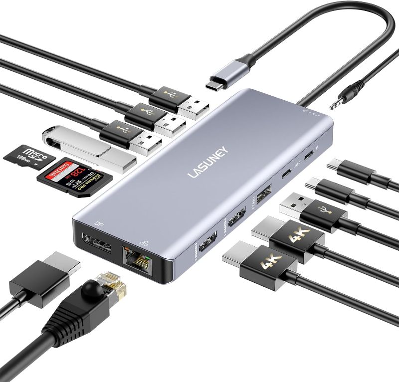 Photo 1 of LASUNEY USB C Laptop Docking Station Dual Monitor, 14 in 1 USB C Hub Multiport Adapter Dongle with 2 HDMI, DisplayPort, RJ45, SD/TF, USB C/A Ports, PD, Mic/Audio, Compatible for MacBook Dell HP Lenovo