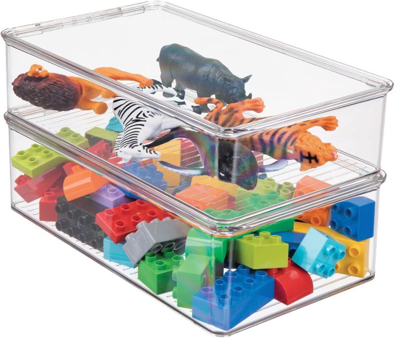 Photo 1 of )mDesign Plastic Playroom/Game Organizer Box Containers with Hinged Lid for Shelves or Cubbies, Holds Toys, Building Blocks, Puzzles, Markers, Controllers, or Crayons, Ligne Collection, 2 Pack, Clear