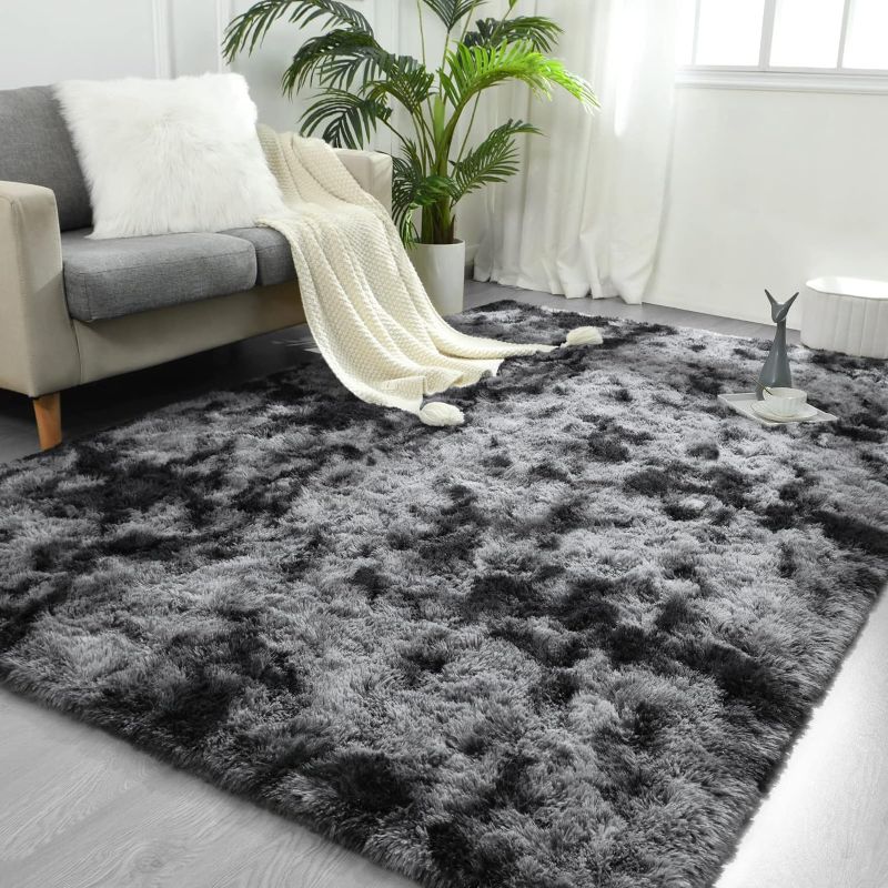 Photo 1 of 8x10 Feet Large Area Rugs for Living Room, Tie-Dyed Dark Grey Shaggy Rug Fluffy Throw Carpets, Ultra Soft Plush Modern Indoor Fuzzy Rugs for Bedroom Girls Kids Nursery Room Dorm Home Decor
