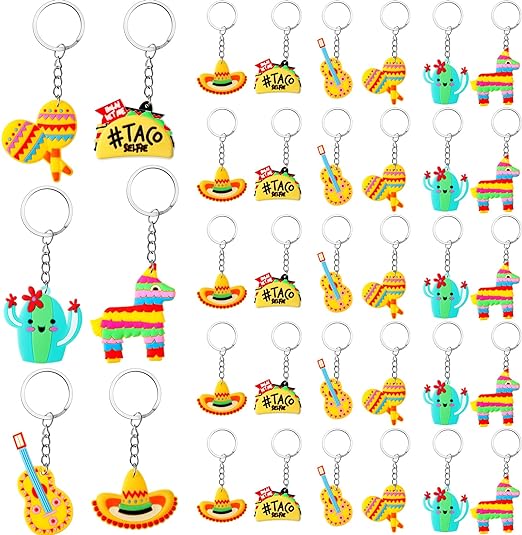 Photo 1 of 36 Pcs Mexican Keychain Cute Fiesta Party Favors Cactus Keychain Cinco De Mayo Keychain Sombrero Key Chain Donkey Maraca Taco Guitar Keyrings for Mexican Fiesta Themed Party Decorations Supplies