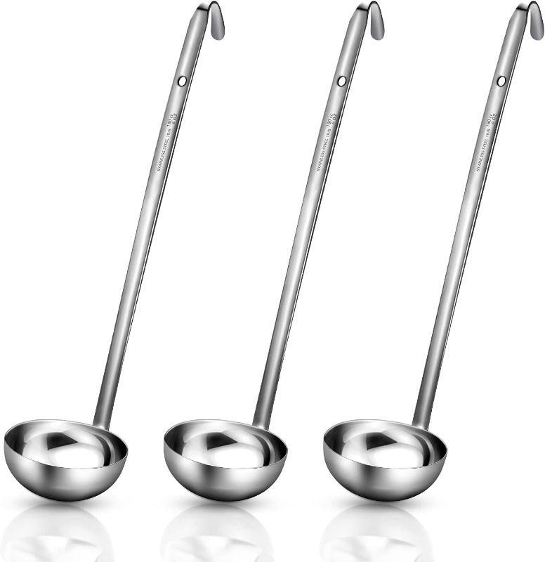 Photo 1 of 3 Pieces Stainless Steel Ladle Soup Handle Ladle with Pouring Rim for Kitchen Cooking Soup Sauce (16 oz)