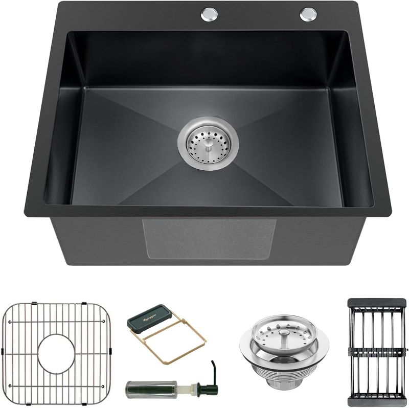 Photo 1 of Black Kitchen Sink, Stainless Steel Topmount Bar Sink 22x18x9 Inch Single Bowl Drop In Kitchen Sink Combo-Sink Grid,Soap Dispenser,Drain Basket,Strainer...
Model:22x18In Black