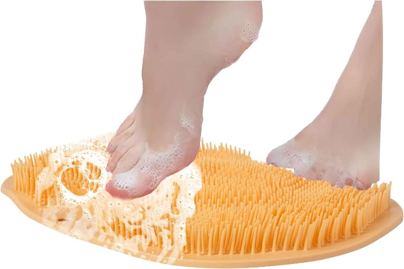 Photo 1 of BAOZMINAN Shower Foot and Back Scrubber with Suction Cups,Wall Mounted Back Massager Scrubber Mat Exfoliating Soothes Tired Foot Cleaner Brush(Orange)