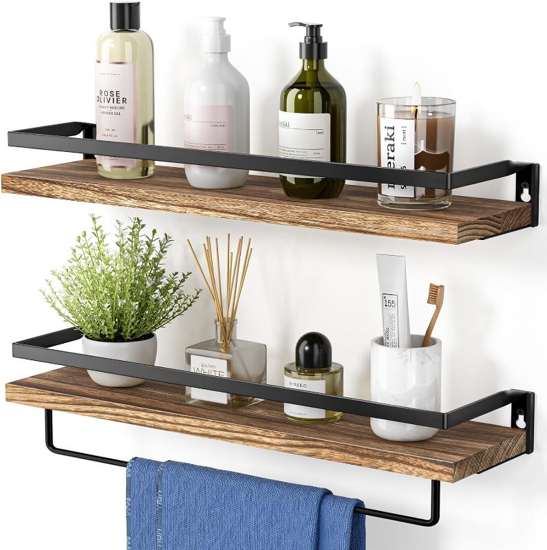 Photo 1 of Amada HOMEFURNISHING Floating Shelves Wall Mounted, Wall Shelves for Bathroom, Kitchen, Bedroom, Storage Shelf with Towel Bar, Set of 2, Rustic Brown