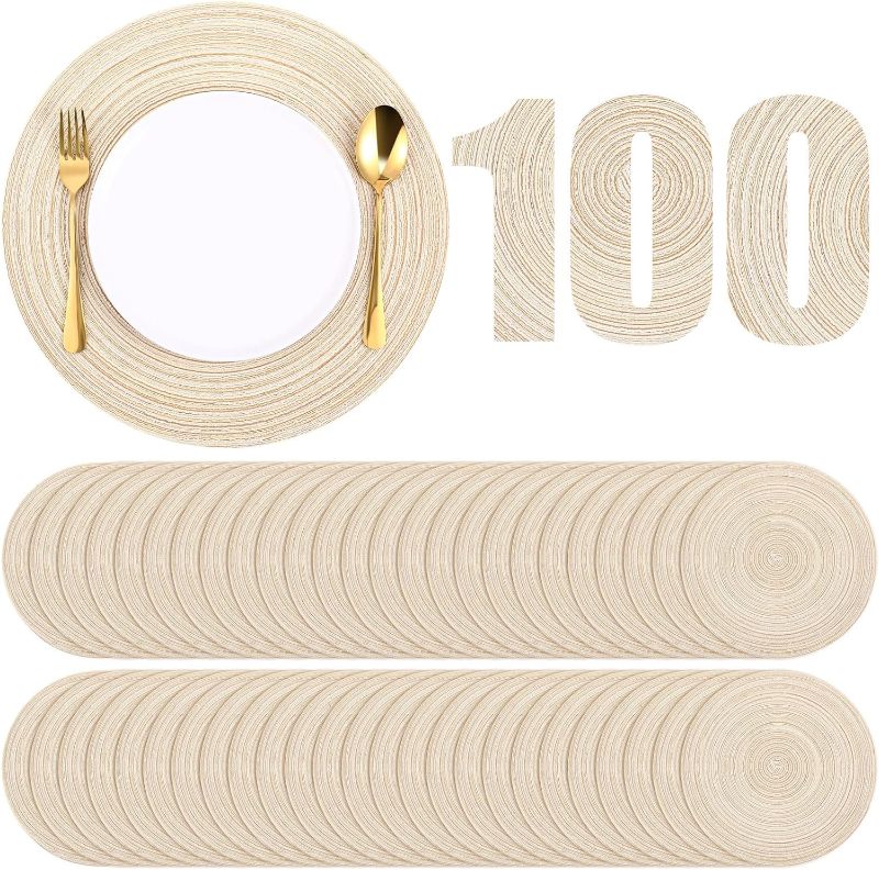 Photo 1 of 100 Pieces Round Woven Placemats Braided Place Mat Bulk 15 Inch Placemat Washable Heat Resistant Dining Table Mats for Wedding Party Decoration (Beige