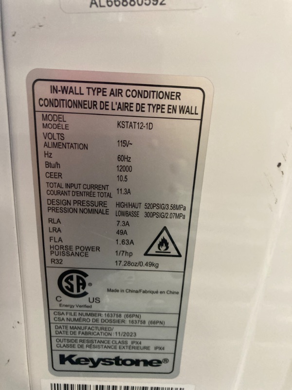 Photo 4 of *UNABLE TO TEST - SEE PICS - PLUG HEAD NEEDS TO BE SWAPPED FOR AMERICAN PLUG*
Keystone 12,000 BTU 115V Wall Mounted Air Conditioner & Dehumidifier with Remote Control - Quiet Wall AC Unit for Bedroom, Bathroom, Nursery, Medium Sized Rooms up to 550 Sq.Ft.