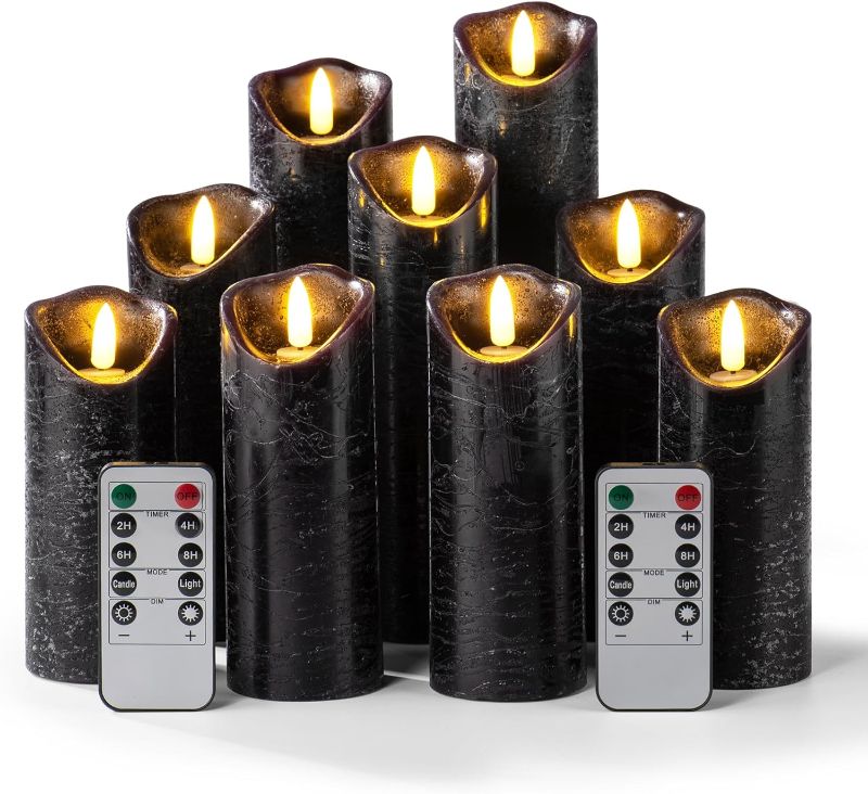 Photo 1 of ****USED*** Set of 9 Black Regular Textured Flameless Candles Battery Operated LED Real Wax Flickering Electric Candles with Remote Control Timer for Wedding Birthday Halloween Christmas Decorations