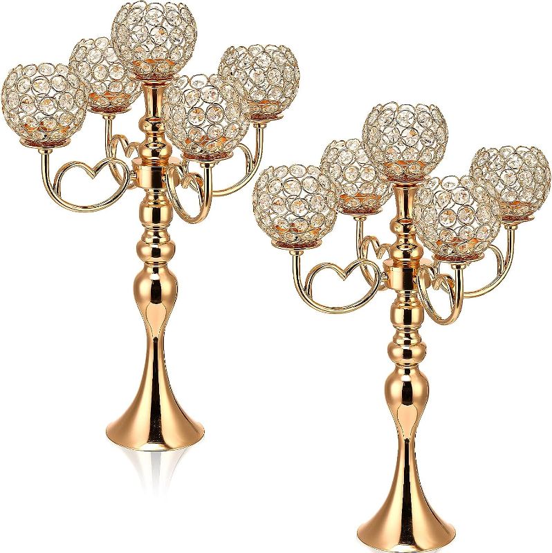 Photo 1 of 2 Pack 5 Arm Crystal Candelabra Centerpieces 21.5 Inch Tall Candle Holder Table Candelabra Stand with Crystal Candle Holder Bowl for Home Wedding Anniversary Dinner Party Table Decoration (Gold)