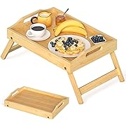 Photo 1 of Breakfast Bed Tray for Eating - Foldable Food Laptop Table - Portable Bamboo Raised Serving Tray - Snack Platter with Folding Legs, Eating for Bedroom, Picnic, Sofa - Natural