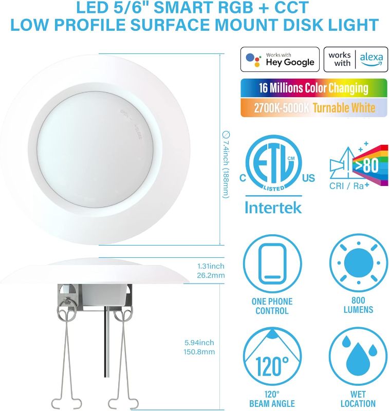 Photo 1 of 5-6 Inch LED Smart Slim Disk Light, CCT Changing Retrofit Recessed Can Light, RGB Surface Mount Disk Light, WiFi APP & Voice Control, 120V/15W/1200LM, ETL/Wet Rated, White,