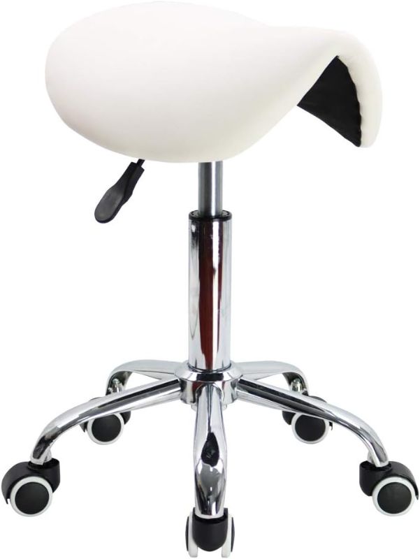 Photo 1 of KKTONER Rolling Saddle Stool PU Leather Swivel Adjustable Rolling Stool with Wheels Salon Chair White