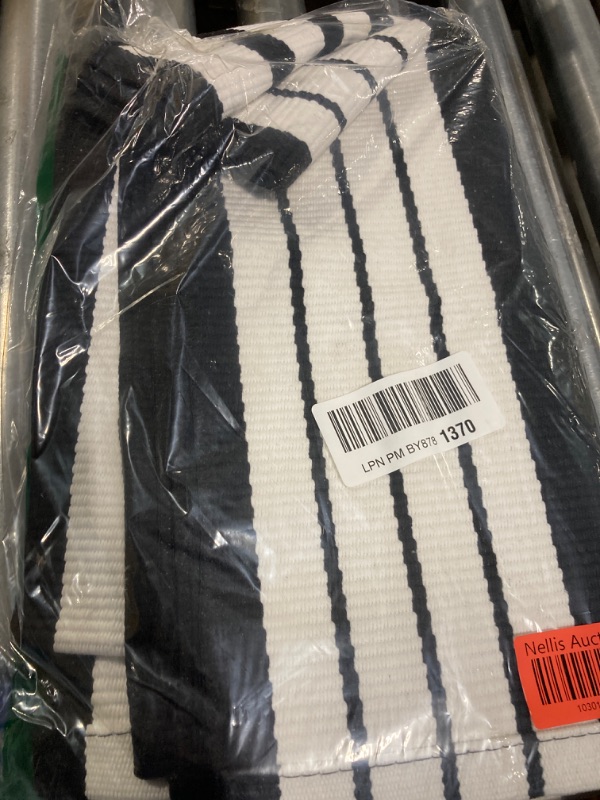 Photo 1 of BUAGETUP Black and White Outdoor Rug 3'x 5' Hand-Woven Cotton Washable Rug Striped Front Porch Rug Machine Washable Indoor/Outdoor Area Rug Floor Mat for Farmhouse/Layered Door Mats/Living Room 3'x5' Black Striped