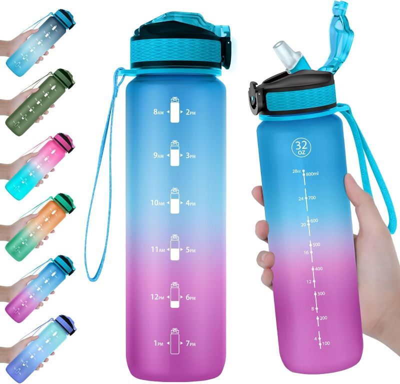 Photo 1 of EYQ 32 oz Water Bottle with Time Marker, Carry Strap, Leak-Proof Tritan BPA-Free, Ensure You Drink Enough Water for Fitness, Gym, Camping, Outdoor Sports