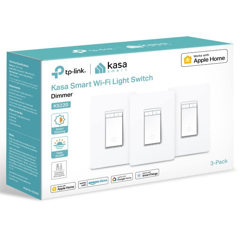 Photo 1 of Kasa Apple HomeKit Smart Dimmer Switch KS220P3, Single Pole, Neutral Wire Required,2.4GHz Wi-Fi Light Works with Siri, Alexa and Google Home,UL Certified, No Hub Required,White, 3 Count (Pack of 1)