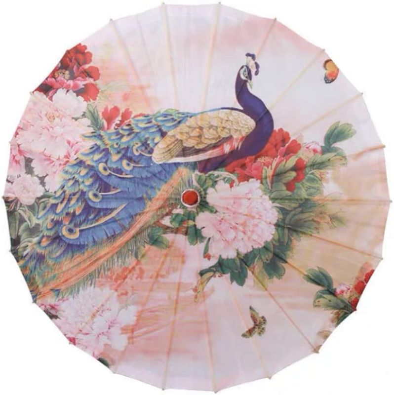 Photo 1 of 33" Handmade Oiled Parasol Bamboo Silk Peacock Umbrella Chinese Japanese Art Classical Dance Umbrella for Wedding Parties Photography Costumes Cosplay Decoration and Other Events
