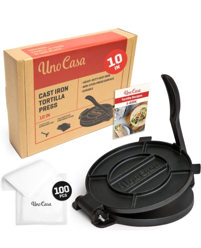 Photo 1 of ***FOR PARTS ONLY***Uno Casa Cast Iron 10 Inch Tortilla Press - Pre-Seasoned Quesadilla, Roti and Pataconera Maker With 100 Pcs Parchment Paper - For Flour, Tawa or Dosa Tortillas