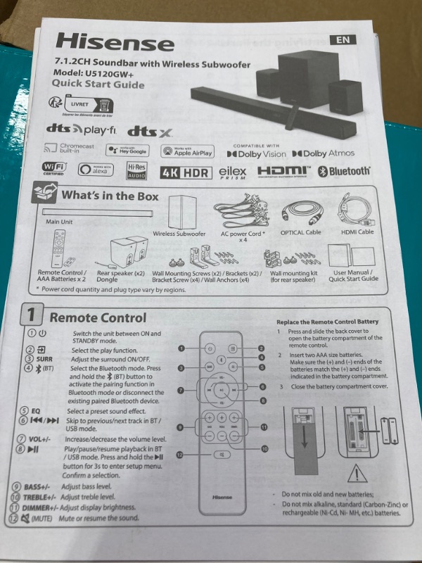 Photo 3 of Hisense U5120GW+ 7.1.2ch Premium Sound Bar with Wireless Subwoofer, 570W, Hi-Res Audio, 4K HDR Pass Thru, Bluetooth 4.2, WiFi, Type-C, HDMI, 7 EQ Mode