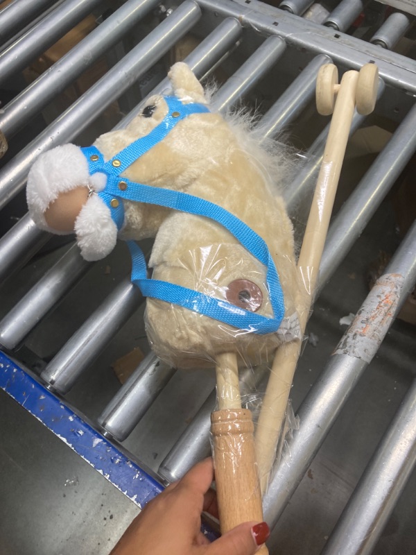 Photo 2 of HollyHOME Outdoor Stick Horse with Wood Wheels Real Pony Neighing and Galloping Sounds Plush Toy Beige 36 Inches(AA Batteries Required)