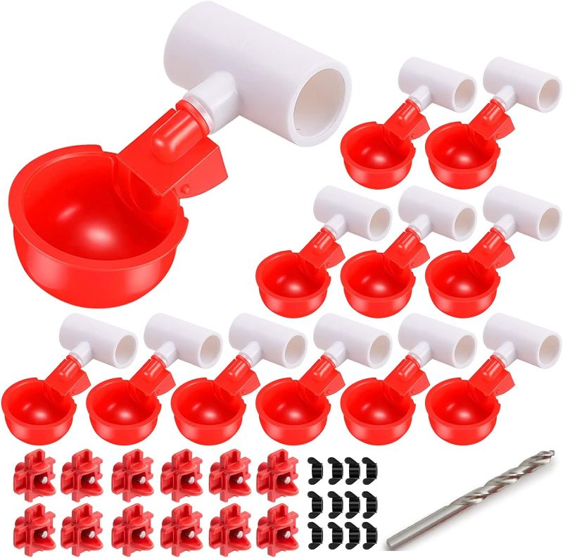 Photo 1 of [12 Pack] Chicken Water Cups with PVC Tee, Automatic Waterer Kit for Poultry, DIY Water Feeder for Chicken Duck Quail Turkey, Chicken Water Nipples,Red