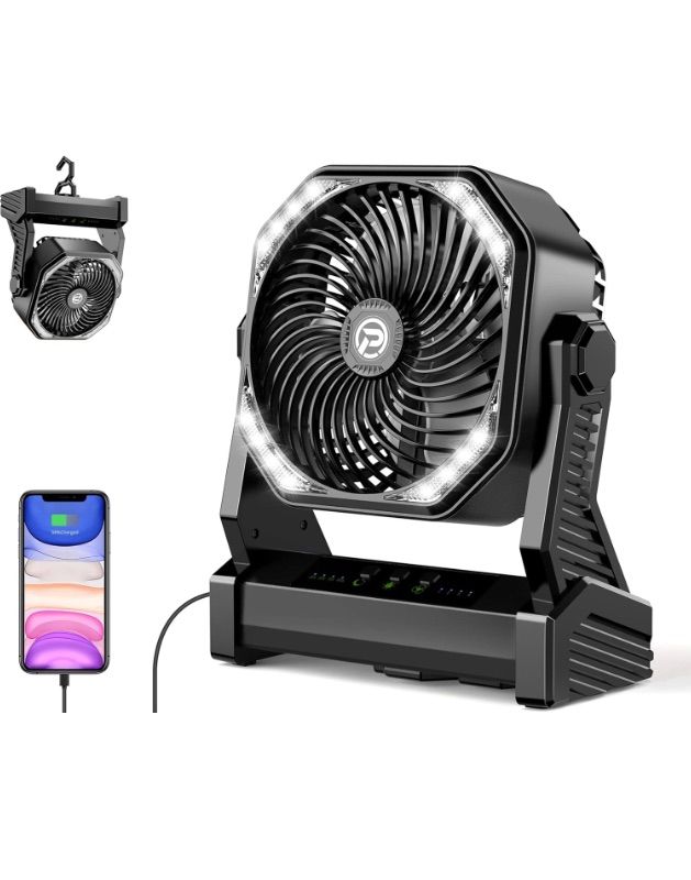 Photo 1 of 20000mAh Battery Operated Fan, Portable Rechargeable Desk/Camping Fan with Light and Hook, 270° Pivot 4 Speeds Battery Powered Outdoor Fan for Tent Car Trip Sleep Hurricane Power Outages…