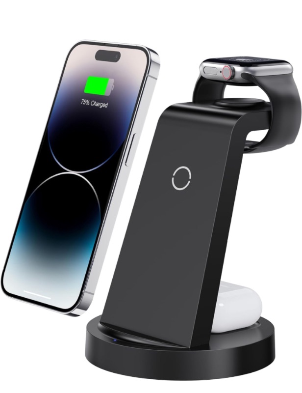 Photo 1 of 3 in 1 Charging Station for iPhone, Wireless Charger for iPhone 15 14 13 12 11 X Pro Max & Apple Watch - Wireless Charging Station for AirPods Pro 3 2