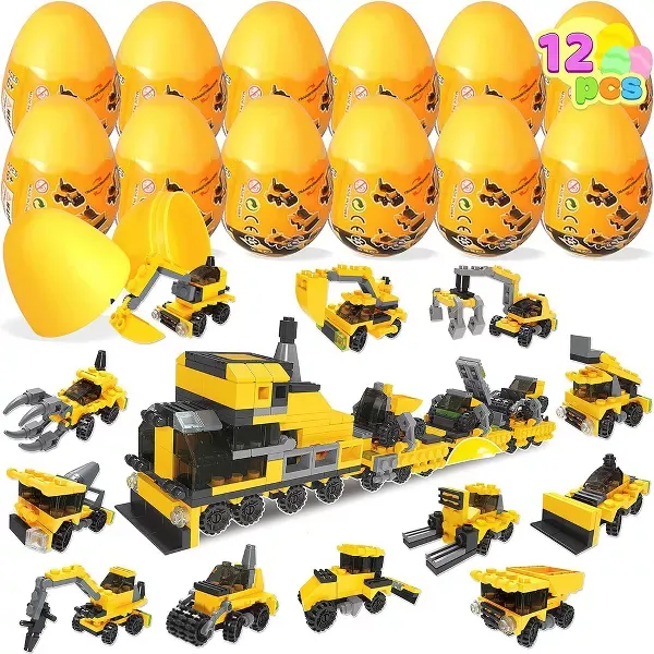 Photo 1 of Syncfun 12 Pcs 3.25'' Prefilled Easter Eggs with Construction Vehicles Building Blocks for Basket Stuffers, Kids Easter Party Favors, Egg Hunt
