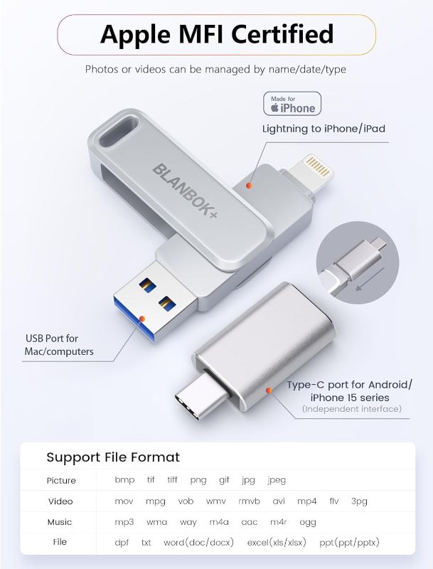 Photo 1 of MFi Certified Flash Drive 256GB for iPhone USB Memory Stick Thumb Drives High Speed USB Stick,Photo Stick External Storage for iPhone/iPad/Android/PC
