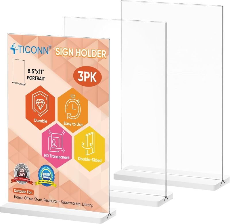 Photo 1 of 
TICONN 3 Pack Acrylic Sign Holder, Double-Sided Display Stand for Countertops, Acrylic Stands for Display in Offices, Restaurants, and Events (8.5"x11")