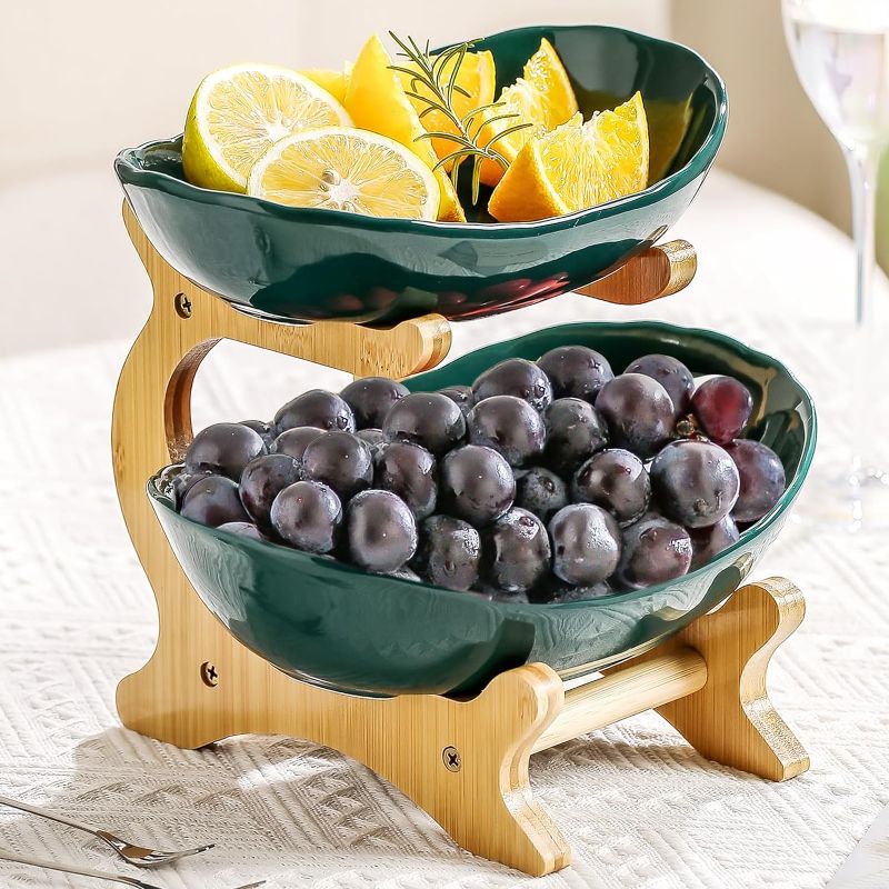 Photo 1 of 
HOMKULA Fruit Bowl for Kitchen Counter - 2 Tier Ceramic Fruit Basket, Fruit Holder for Kitchen Countertop, Decorative Tiered Fruit Stand Organizer (Green)