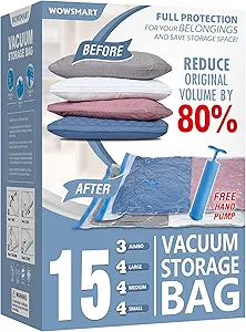 Photo 1 of ****USED*** 15 Space Saver Vacuum Storage Bags, Vacuum Sealed Storage Bags (3 Jumbo/4 Large/4 Medium/4 Small) with Hand Pump, Vacuum Seal Bags for Clothing, Comforters, Pillows, Towel, Blanket Storage,
