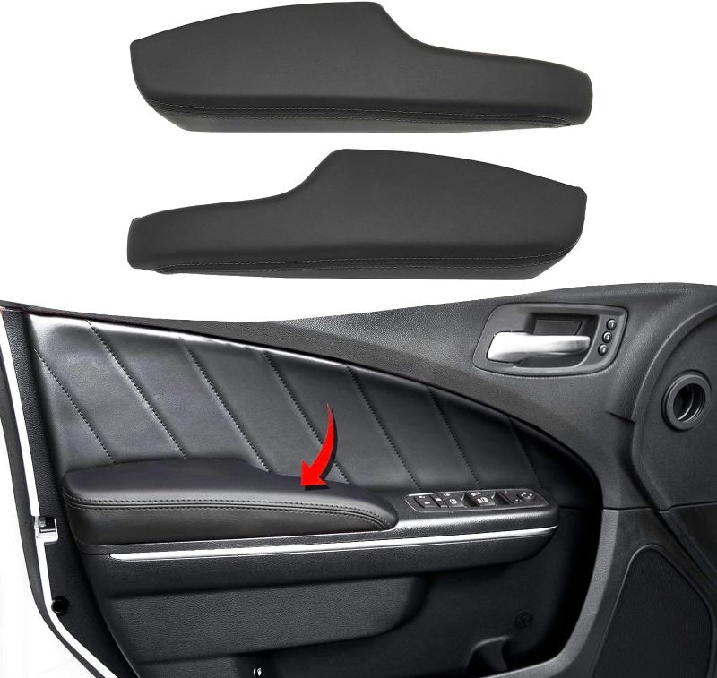 Photo 1 of  Front Door Panel Armrest Cover Replacement for Dodge Charger & Chrysler 300 2011-2020, Vinyl Leather Trim, Anti-Scratch, 1 Pair, Black (Leather Part Only)
