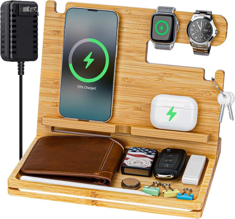 Photo 1 of 
Wood Phone Docking Station, Dad Gifts for Fathers Day from Daughter Son, Bamboo Wireless Bedside Charging Station Organizer, Anniversary Birthday for Men Husband Him from Wife Graduation Gift