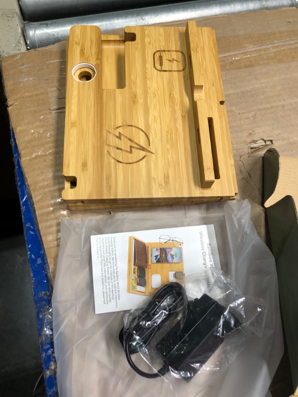 Photo 3 of ****USED*** Wood Phone Docking Station, Dad Gifts for Fathers Day from Daughter Son, Bamboo Wireless Bedside Charging Station Organizer, Anniversary Birthday for Men Husband Him from Wife Graduation Gift D - Bamboo