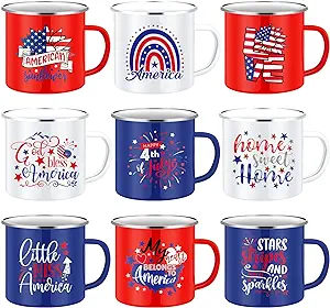 Photo 1 of 9 Pcs 4th of July Coffee Mugs 12 oz Patriotic Enamel Mug Independence Day Coffee Mug Outdoor Camper Mug American Sign Red White Blue Camping Tea Cup for Memorial Day Party Campfire Gift