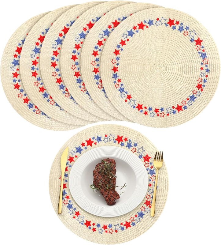 Photo 1 of 4th of July Round Placemats Set of 6, Washable 13.7 Inch Patriotic Star Place Mats Woven Braided Heat Resistant Independence Day Table Mats for Holiday Kitchen Dining Table