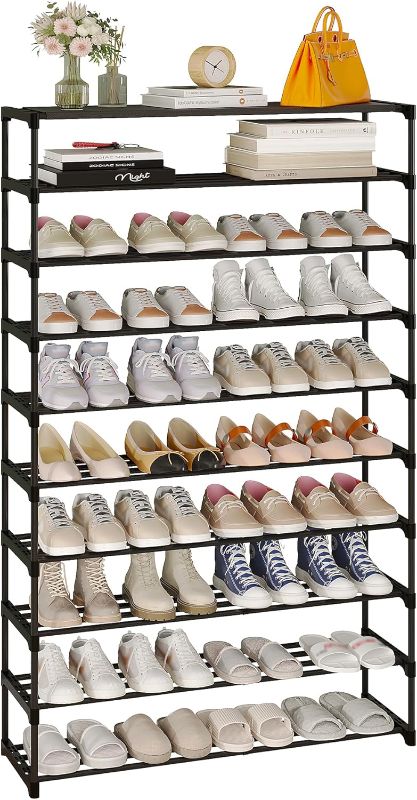 Photo 1 of 10-Tier Shoe Rack, Tall Large Capacity 50 Pairs Shoes Storage Organizer, Stackable Wide Shoe Shelf for Entryway, Hallway, Black